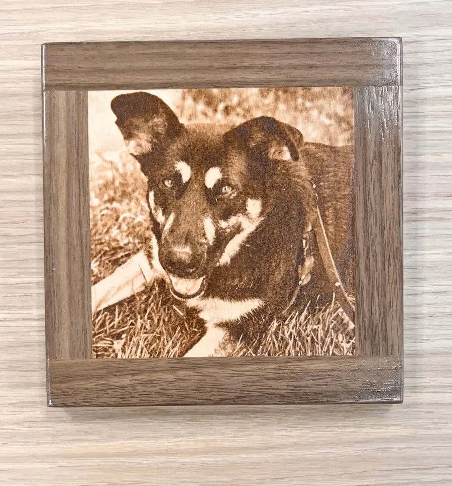 Custom wood pet portrait of Scout, laser engraved from a customer photo