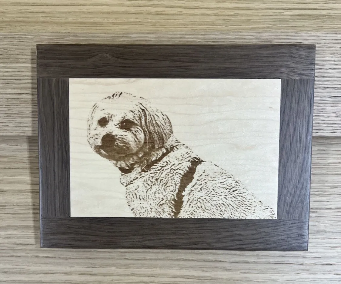 Custom engraved wood pet portrait of a dog